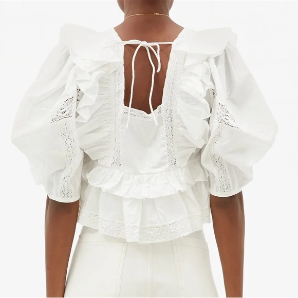 RHODE Charlotte Lace and Ruffle Cotton Peasant Blouse with puff sleeves LG - Picture 3 of 9